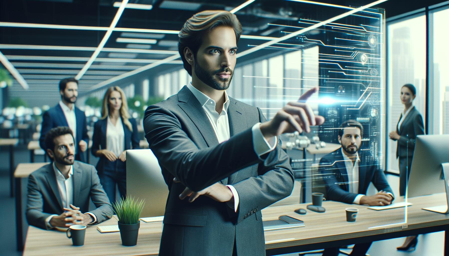 Ein europäisch aussehender Geschäftsleiter, der ein Team bei der Integration moderner Technologien wie KI und Automation führt, in einem modernen Büro.